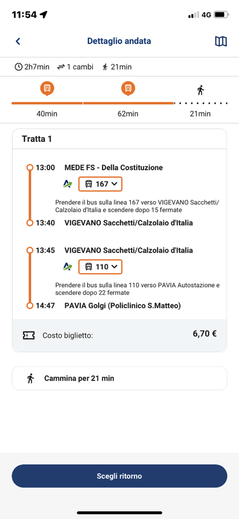 Autoguidovie - Autoguidovie app displaying a detailed bus route from Mede to Pavia with transfer times and ticket cost