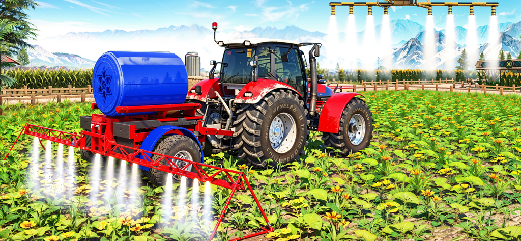 Tractor Driving Farming Games - A red tractor spraying a field of sunflowers in a 3D farming simulation game