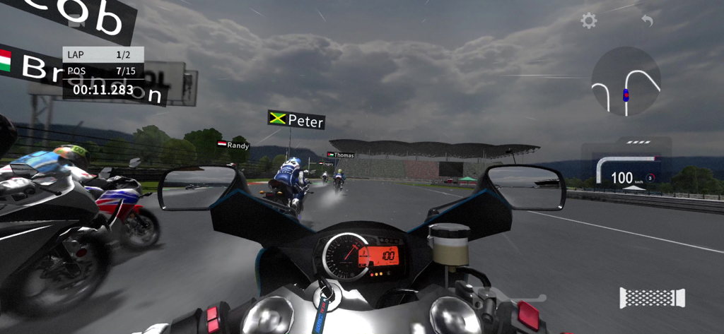 Real Moto 2 - First person cockpit view of a motorcycle race in Real Moto 2 showing competitors on a track under a cloudy sky
