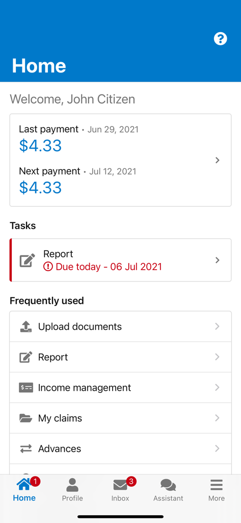 The home screen of the Express Plus Centrelink mobile app showing payment details and reporting tasks