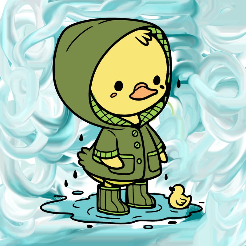 baby duck in a rain coat and boots, in a puddle while it’s raining