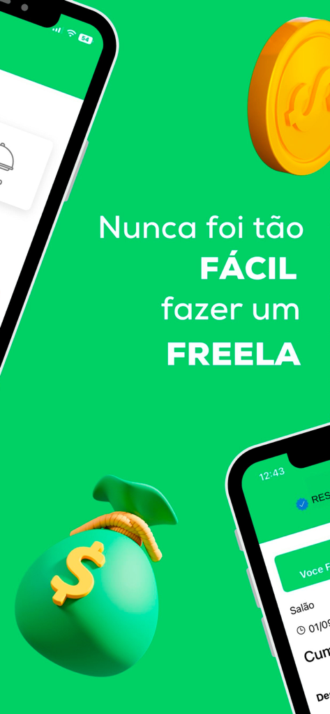 eFreela - Profissionais - Tela de um aplicativo móvel para eFreela mostrando um ícone de saco de dinheiro e o texto Nunca foi tao FACIL fazer um FREELA.