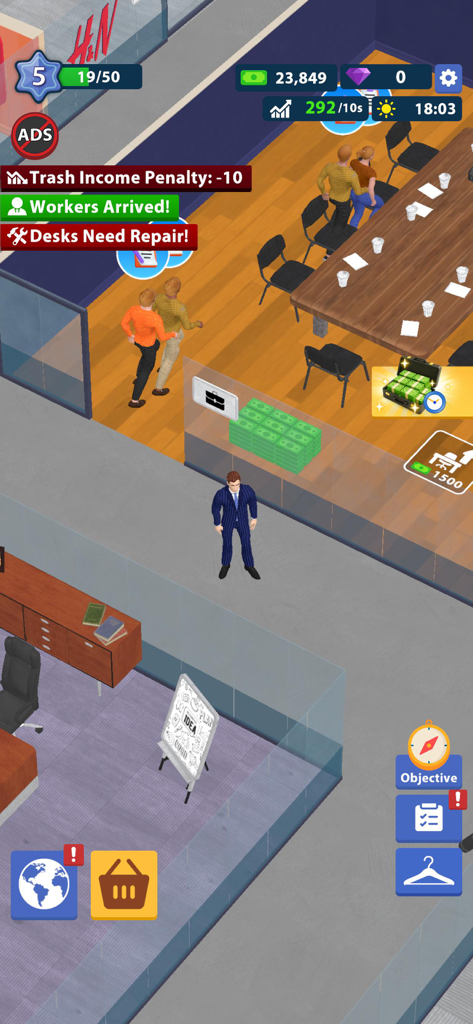 A character in a suit managing a corporate floor in the Office Life Tycoon mobile game