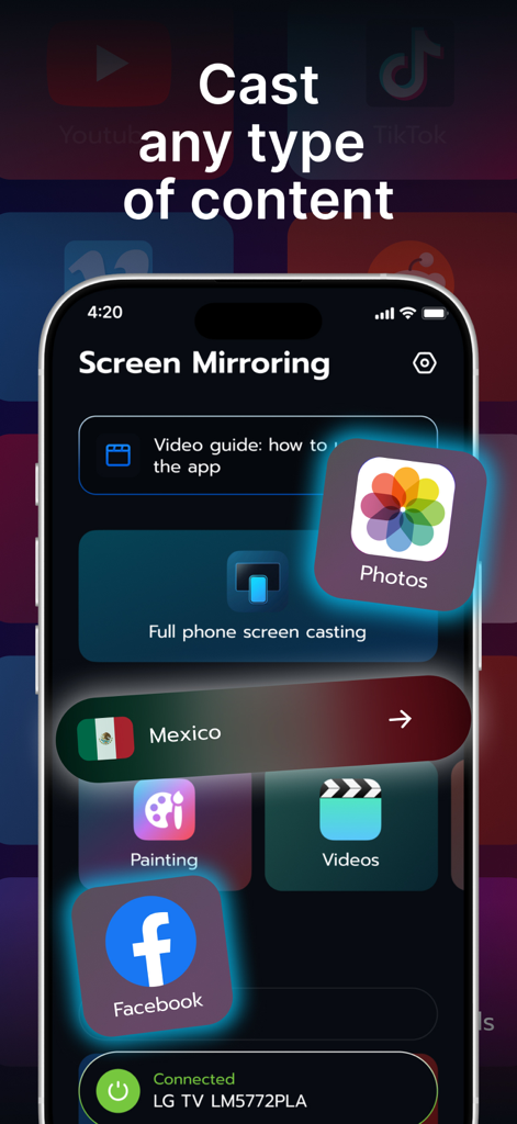 Screen Mirroring Miracast Easy - 사진, 동영상, 소셜 미디어 콘텐츠를 스마트 TV로 전송하는 옵션을 보여주는 Screen Mirroring Miracast Easy 앱 인터페이스