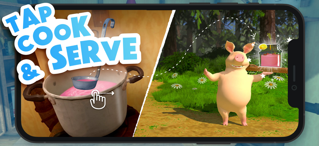Masha and the Bear: Cook food - Una escena 3D de un juego de cocina mostrando una olla siendo removida y Rosie la cerda recibiendo un frasco de mermelada.