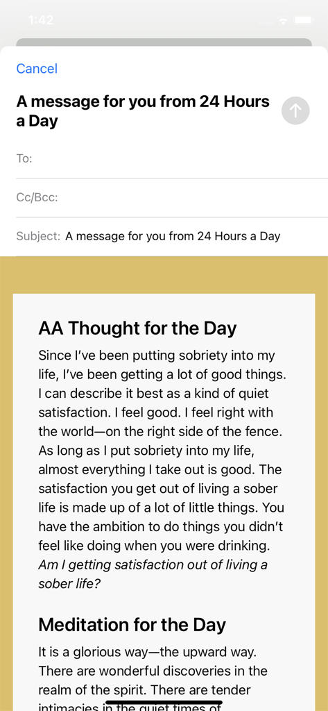 Interface for sharing a daily AA thought and meditation from the Twenty-Four Hours a Day recovery app