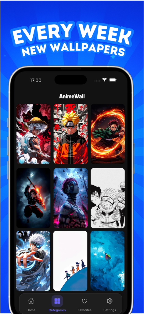 AnimeWalls:Anime Wallpapers - Interfaz de la aplicación AnimeWalls mostrando una colección de fondos de pantalla de personajes de anime populares en un iPhone