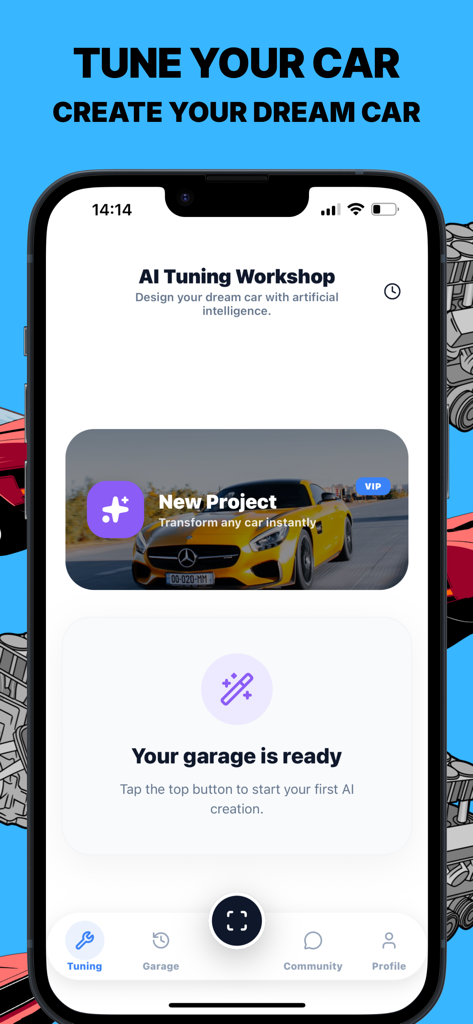 CarSnapIA : Car Scan - CarSnapIA app interface showing the AI tuning workshop feature to customize dream cars.