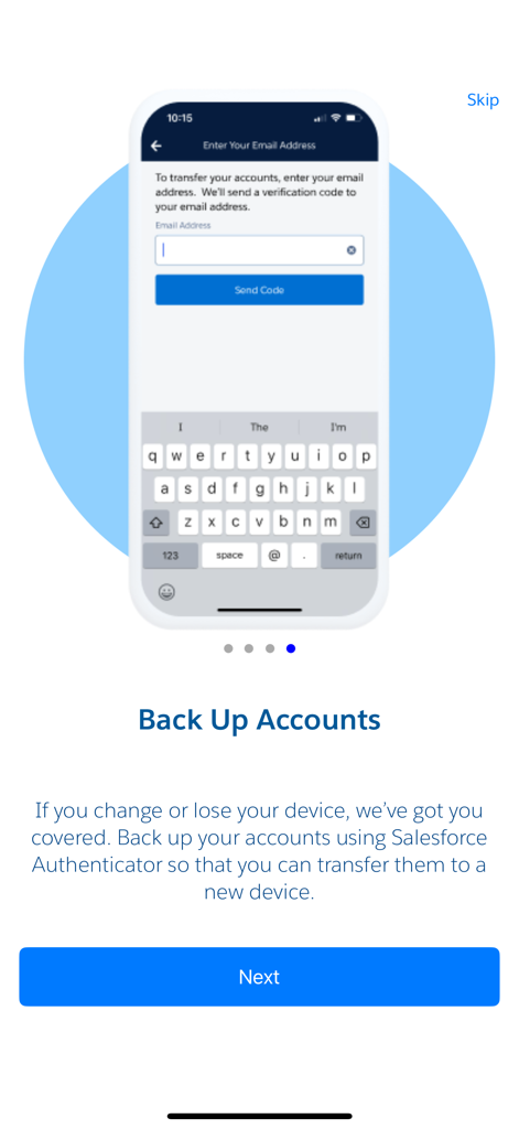 Salesforce Authenticator mobile app screen showing account backup options