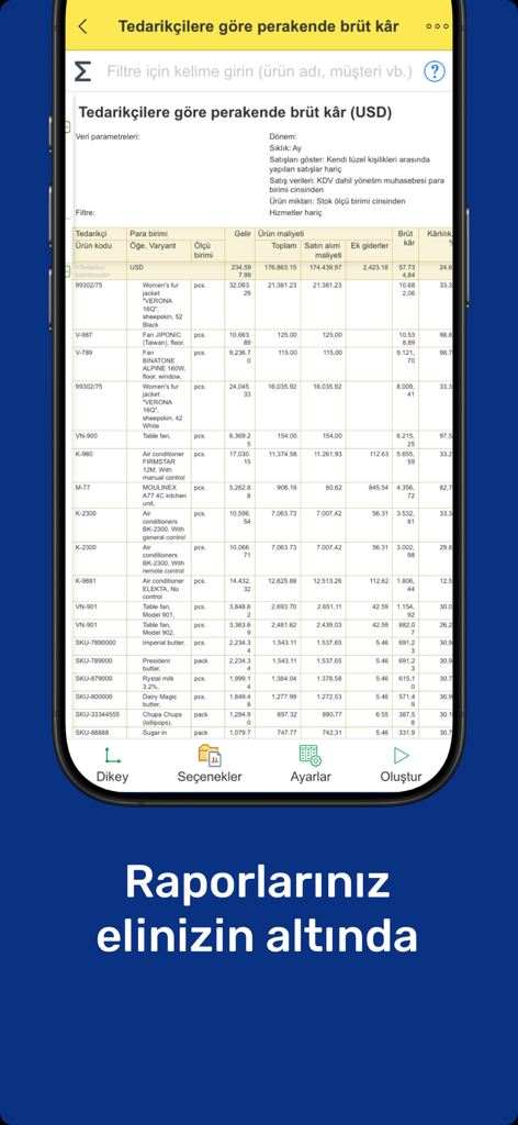 1C:ERP TE - Interface móvel do 1C:ERP TE mostrando um relatório de lucro bruto de varejo por fornecedor em USD
