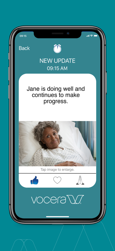 Ease Applications Messaging - A mobile interface showing a real-time medical update with a photo of a patient and a status message stating she is doing well.