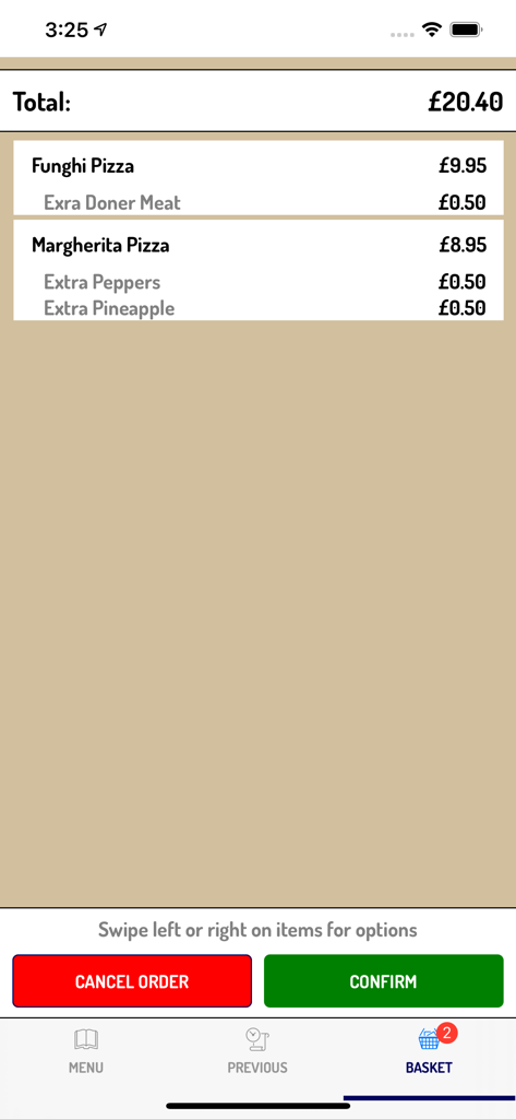 Order-Me - Order-Me app basket summary showing a pizza order with customization and total cost.