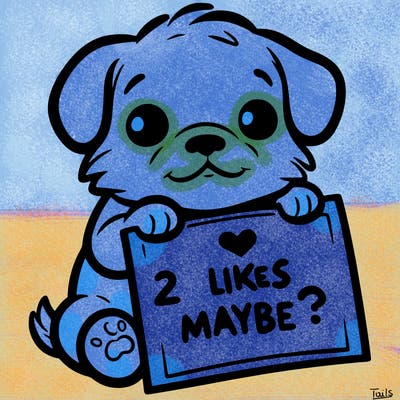 a puppy holding a sign that says 2 likes maybe?
