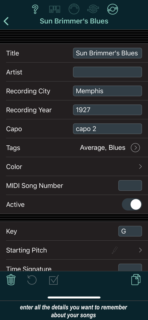 Screenshot of the Set List Maker app showing a song edit screen with fields for title, artist, key, capo, and MIDI settings.