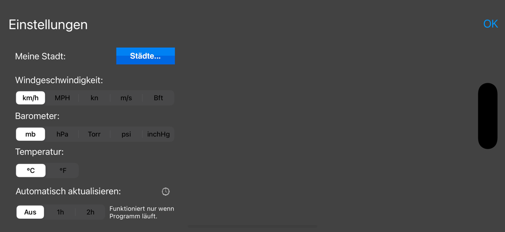 풍속 기압계 및 온도 단위에 대한 옵션을 보여주는 LCD 날씨 표시기 앱의 설정 화면