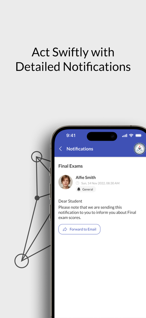 Una pantalla de smartphone que muestra la interfaz de notificaciones de Ed-admin Multi-Portal con una alerta detallada de examen final