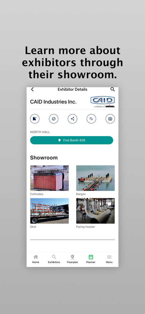 MINExpo app exhibitor details page showing CAID Industries showroom with mining equipment