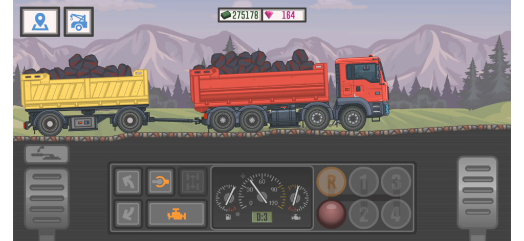 Un camion rouge transportant une remorque avec de la cargaison sur une route cahoteuse dans un simulateur 2D.
