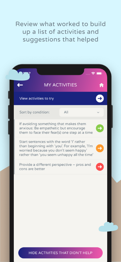 A list of mental health support activities and suggestions in the Combined Minds app.