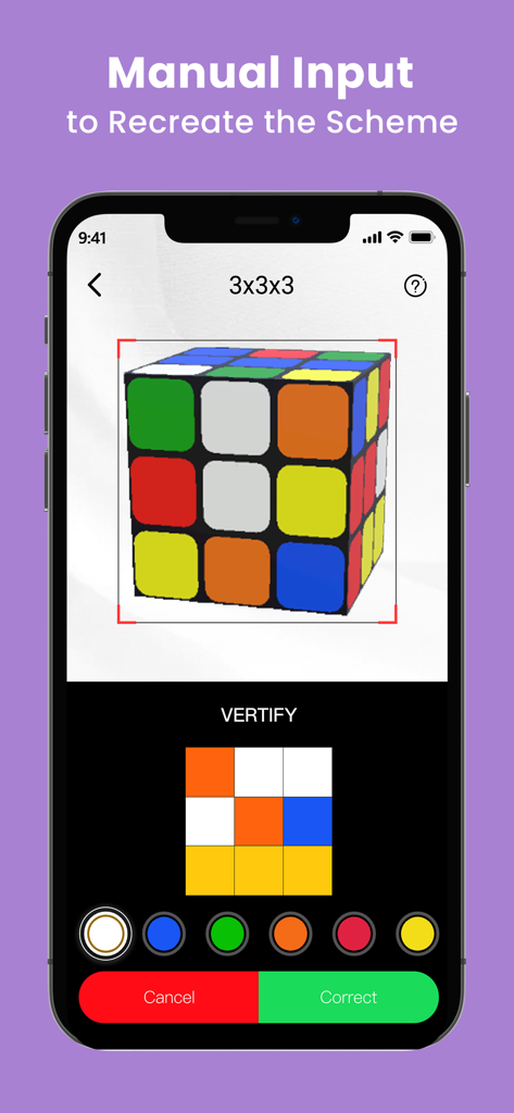 Interface de l'application Magic Cube pour la saisie manuelle des couleurs d'un puzzle cube 3x3x3