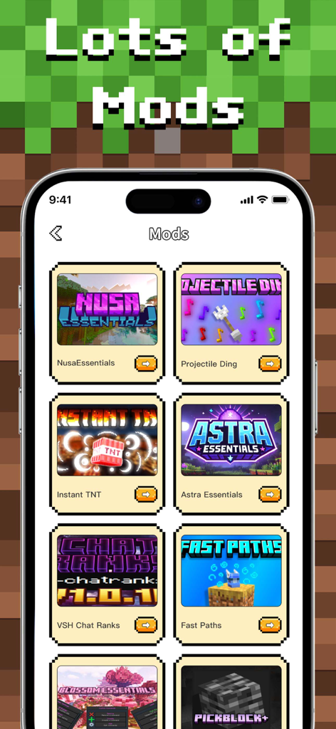 MCMods & Addons for MCPEOL - Interface mostrando vários mods do Minecraft para download, como Instant TNT e Astra Essentials