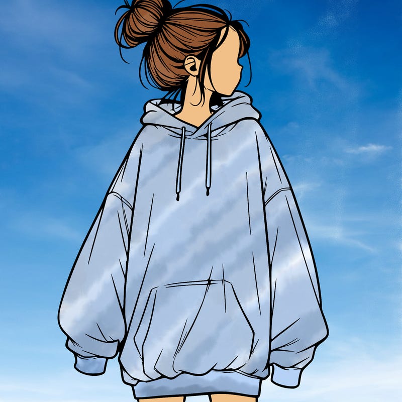 realistic girl with a oversized sweatshirt on and a bun