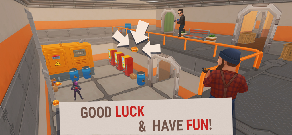 Cazadores buscando una hamburguesa escondida en un entorno de juego multijugador de escondite y busca en 3D