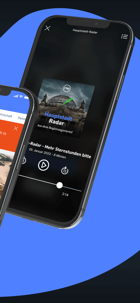 Smartphone screen displaying the RND news app podcast player interface