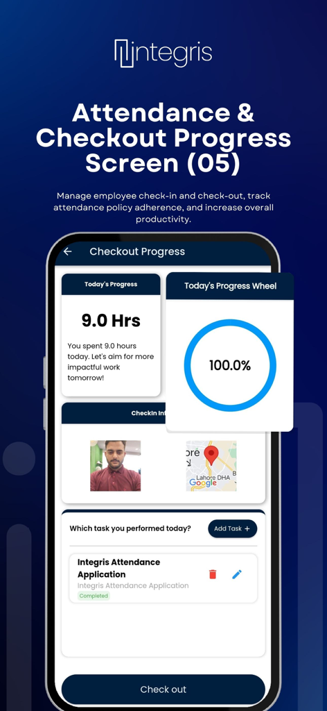 Integris: Attendance App - Tela de progresso de checkout do Integris Attendance App mostrando horas de trabalho diárias e rastreamento de localização.