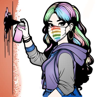 realistic girl with mask spray painting a wall