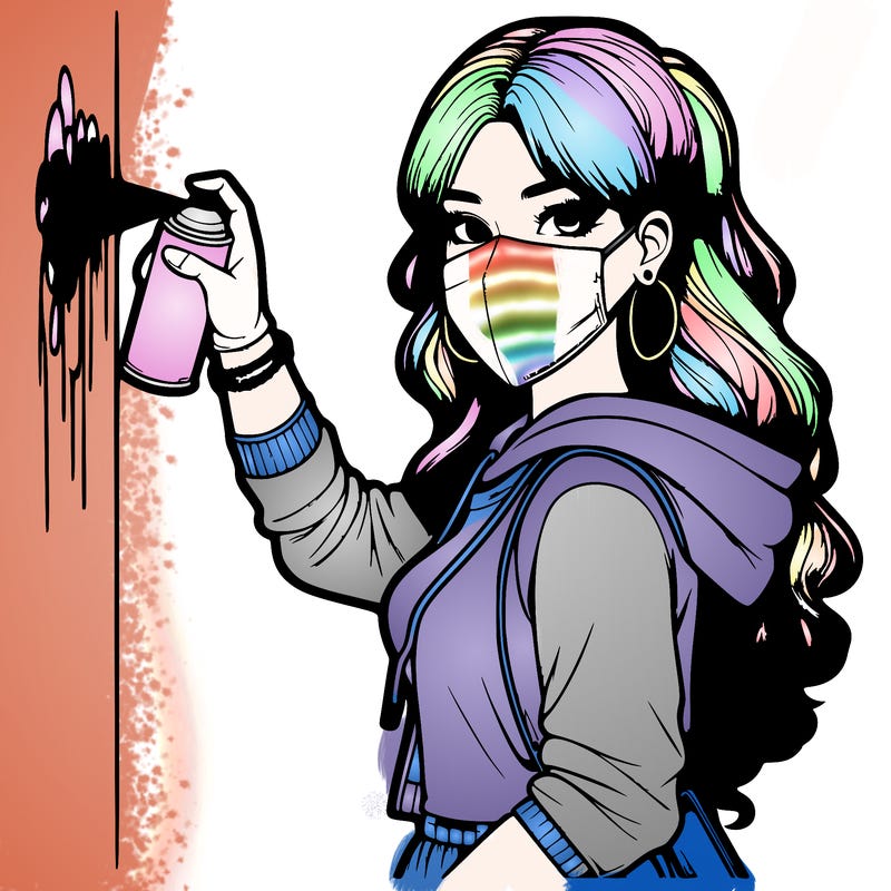 realistic girl with mask spray painting a wall