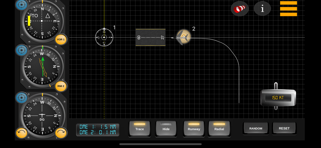 Interface of a flight navigation trainer showing aircraft instruments like VOR and RMI next to a tactical map with a flight path trace