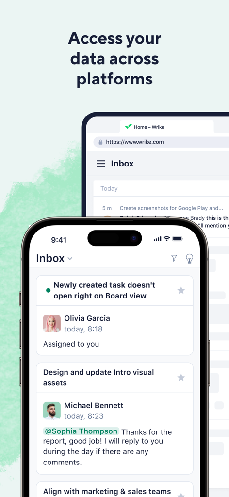 モバイルとデスクトップデバイスで同期されたWrike受信トレイビュー。