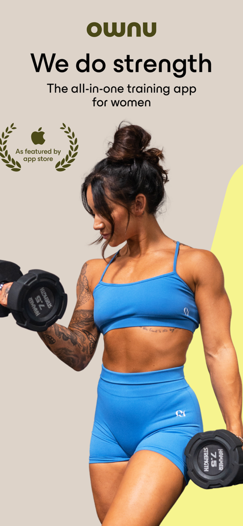 A woman in blue workout gear lifting dumbbells representing the OWNU fitness app for women