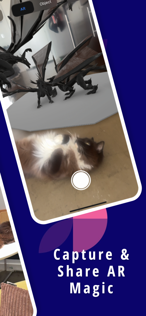 Fab3D app showing a 3D dragon model in augmented reality next to a real cat