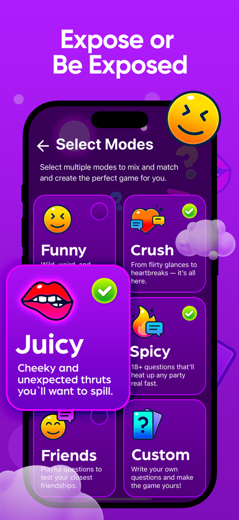 Exposed 2 - Guess who never ? - Smartphone screen of the Exposed 2 app showing a variety of party game modes including Juicy Spicy and Crush on a purple background