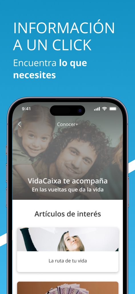 Pantalla móvil de la aplicación VidaCaixa Aporta plus que muestra artículos financieros e información personalizada de planificación vital
