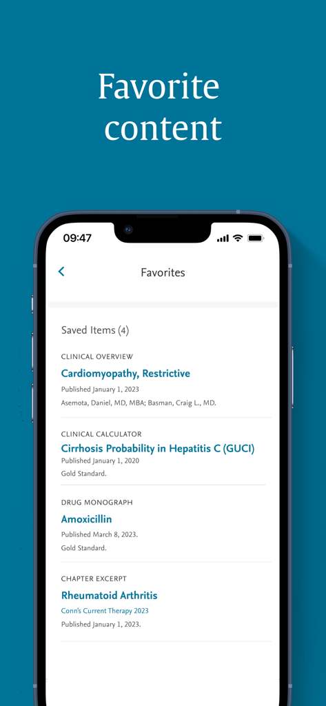 ClinicalKey - ClinicalKey mobile app interface showing the Favorites screen with saved medical articles and clinical tools.