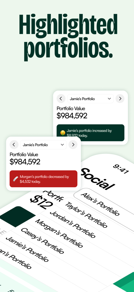 One: Portfolio & Stock Tracker - Social feature of One Portfolio app showing highlighted user investment portfolios and daily performance