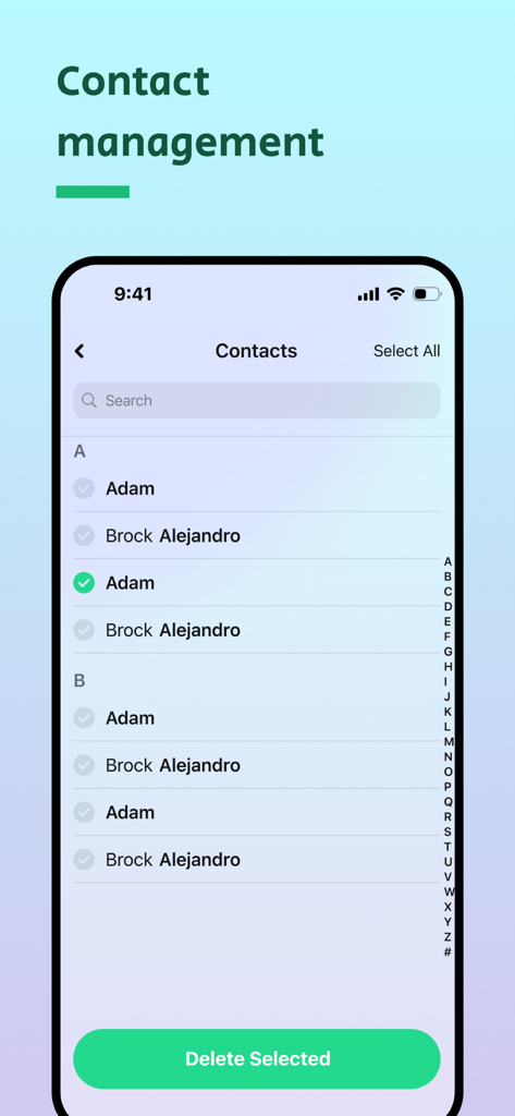 Interfaz de la aplicación AI Cleaner mostrando la pantalla de gestión de contactos para eliminar entradas duplicadas y no deseadas de la agenda telefónica en un iPhone