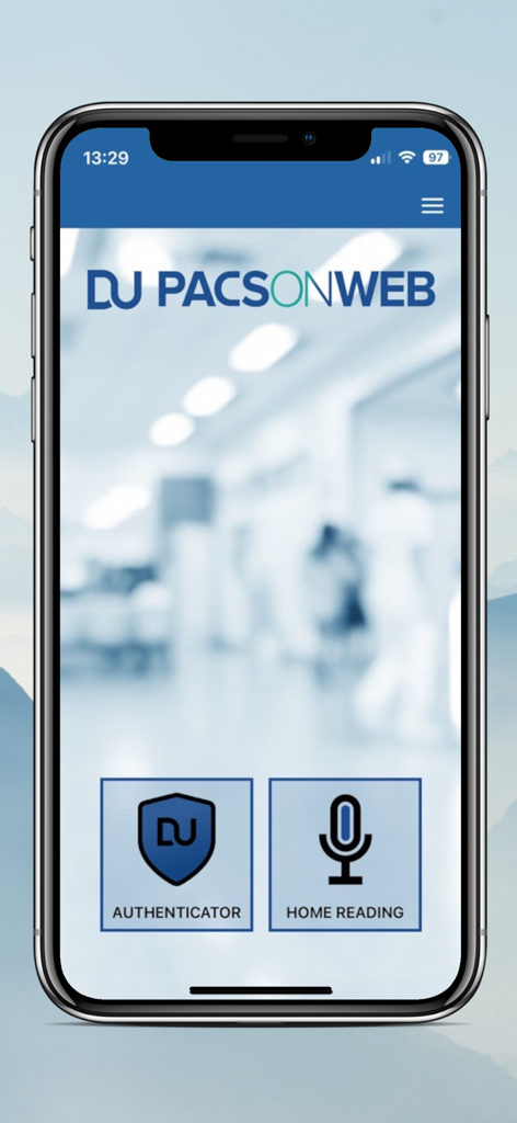 PACSonWEB - PACSonWEB app main menu with authenticator and home reading options