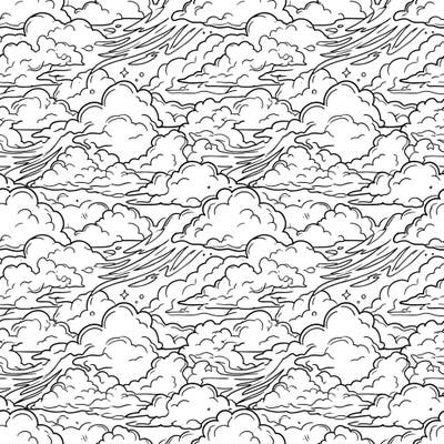Explore a beautiful sky full of billowing clouds with this intricate seamless pattern coloring page. Lose yourself in the repetitive beauty and calming details of this captivating cloudscape design, perfect for all ages.