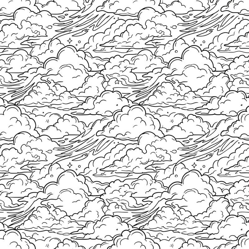 Explore a beautiful sky full of billowing clouds with this intricate seamless pattern coloring page. Lose yourself in the repetitive beauty and calming details of this captivating cloudscape design, perfect for all ages.