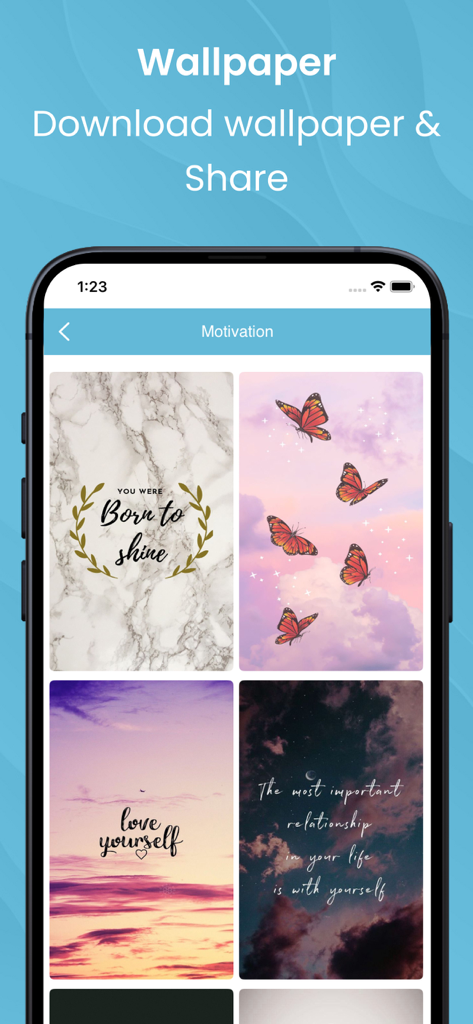 A smartphone display showing motivational and inspirational wallpapers with quotes within the Yoruba Bible app.