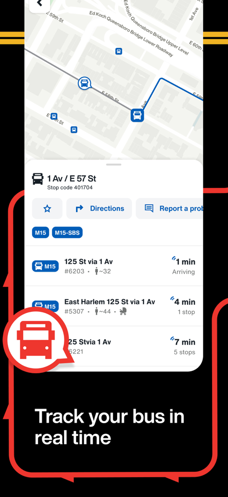 Interface of The Official MTA App showing real-time bus arrival times and locations on a New York City map