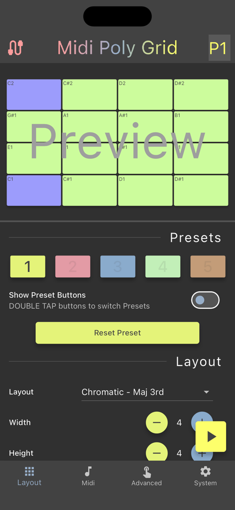 Midi Poly Grid - User interface of Midi Poly Grid showing a customizable 4x4 pad grid and layout configuration settings