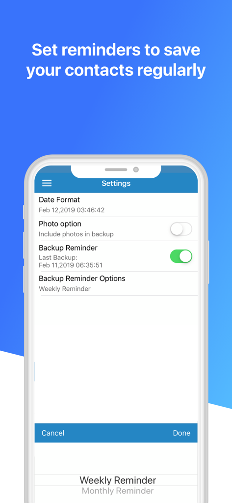 Settings screen of the Contacts Backup Pro and Restore app showing the backup reminder feature with options for weekly or monthly notifications.