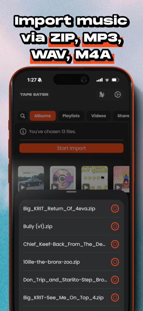 MP3 Player - Tape Eater - Tape Eater app interface showing a list of hip hop mixtape ZIP files being imported for offline playback
