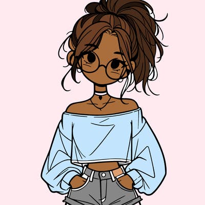 girl with a messy ponytail glasses a baggy crop top and jean shorts