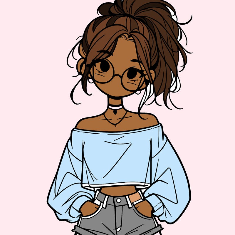 girl with a messy ponytail glasses a baggy crop top and jean shorts